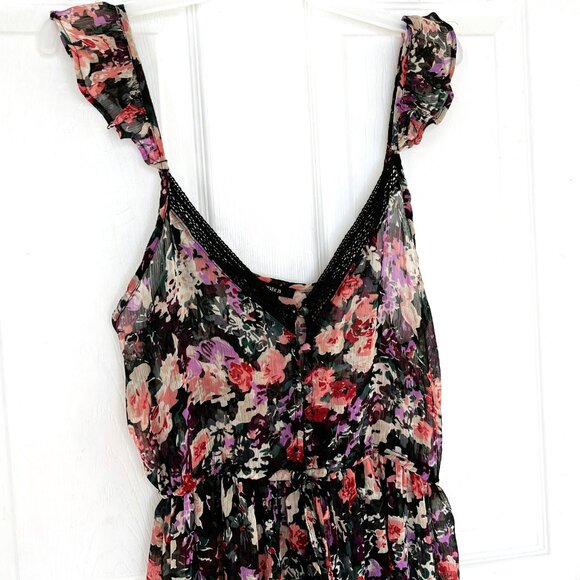 Forever 21 Babydoll Dress M Sheer Ruffles Asymmetric Dark Floral Fairy Cottageco - Picture 2 of 13